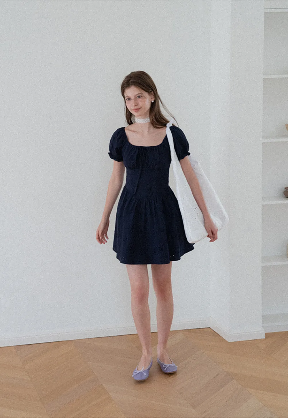 Drawstring Neckline Flared Mini Dress
