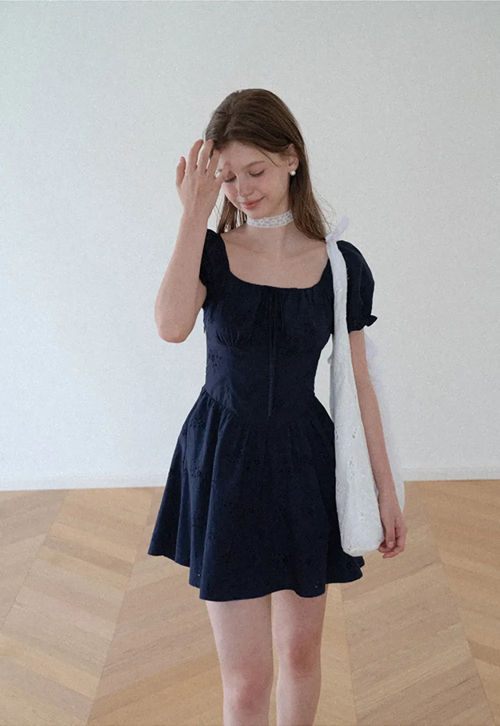 Drawstring Neckline Flared Mini Dress