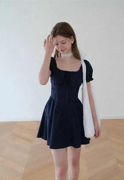 Drawstring Neckline Flared Mini Dress
