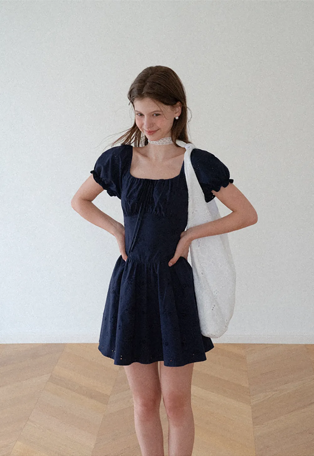 Drawstring Neckline Flared Mini Dress