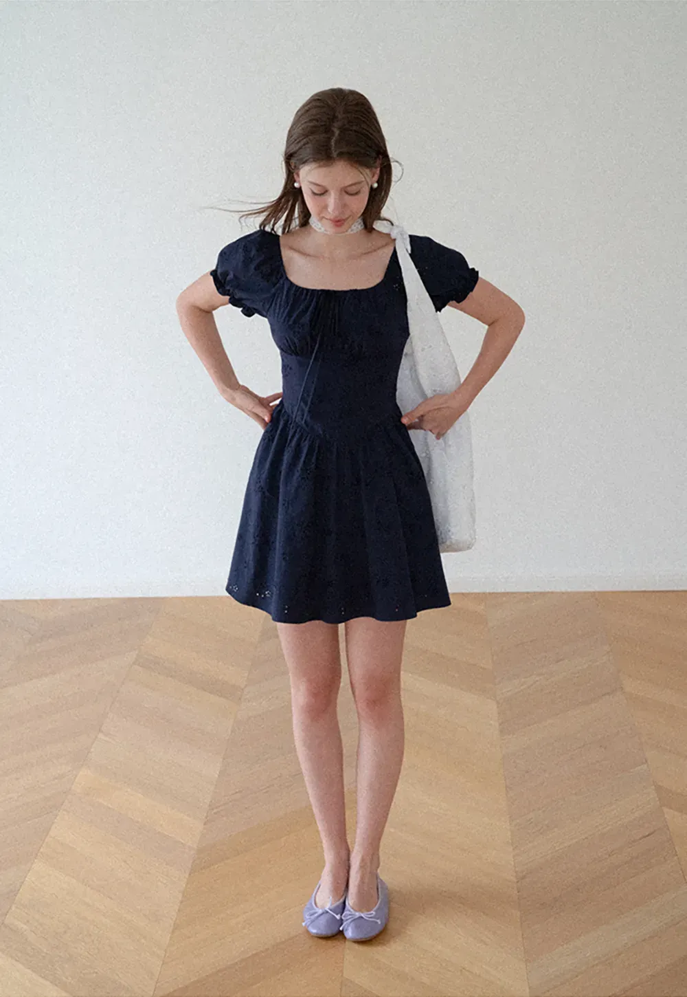 Drawstring Neckline Flared Mini Dress