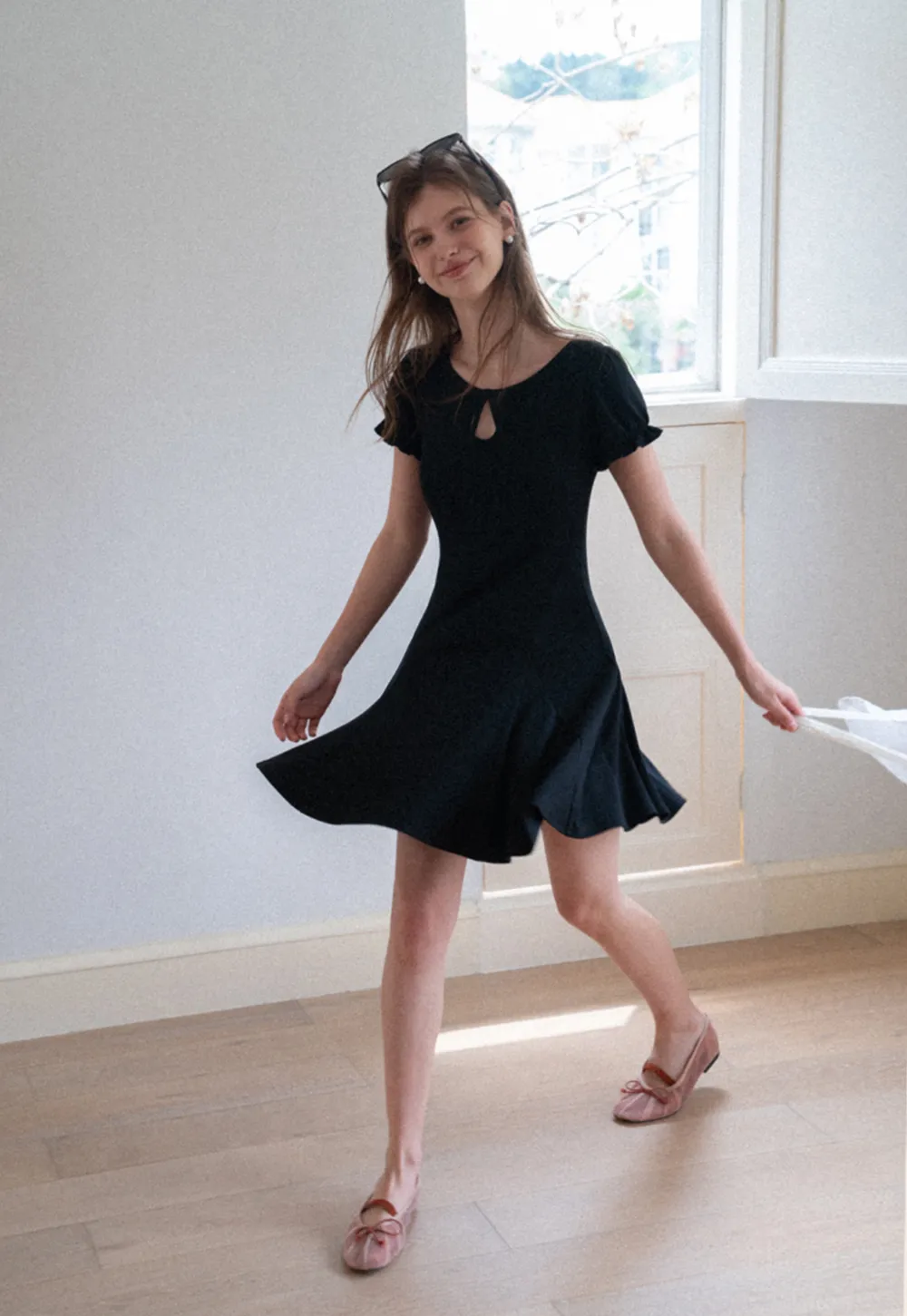 Square Neck Keyhole Puff Sleeve A Line Dress