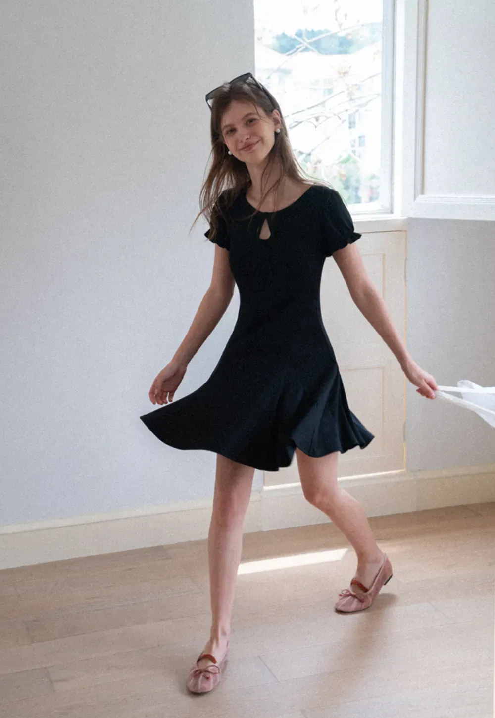 Square Neck Keyhole Puff Sleeve A Line Dress