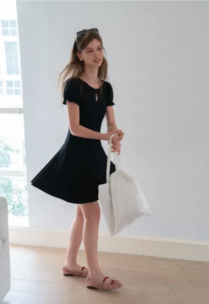 Square Neck Keyhole Puff Sleeve A Line Dress