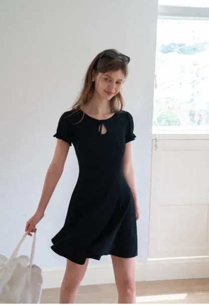 Square Neck Keyhole Puff Sleeve A Line Dress