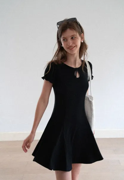 Square Neck Keyhole Puff Sleeve A Line Dress
