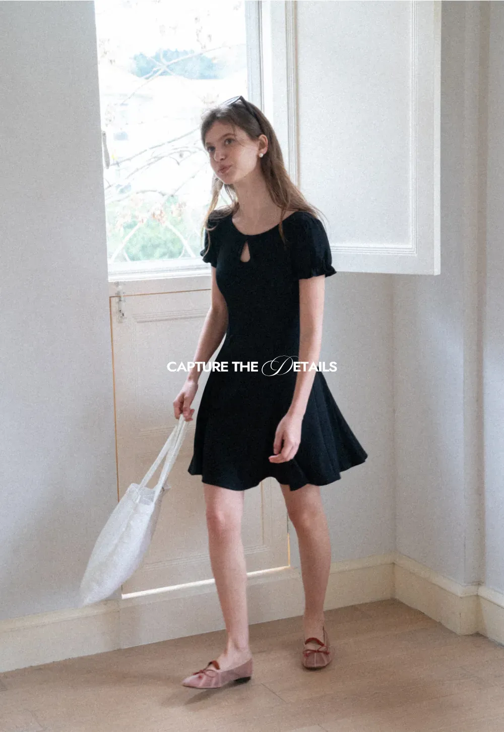 Square Neck Keyhole Puff Sleeve A Line Dress