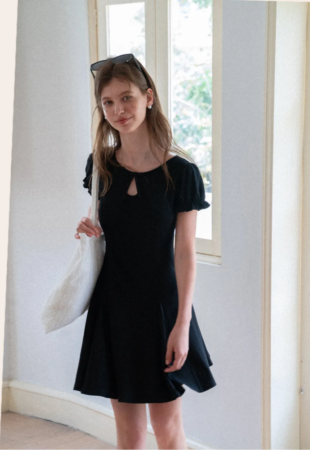Square Neck Keyhole Puff Sleeve A Line Dress
