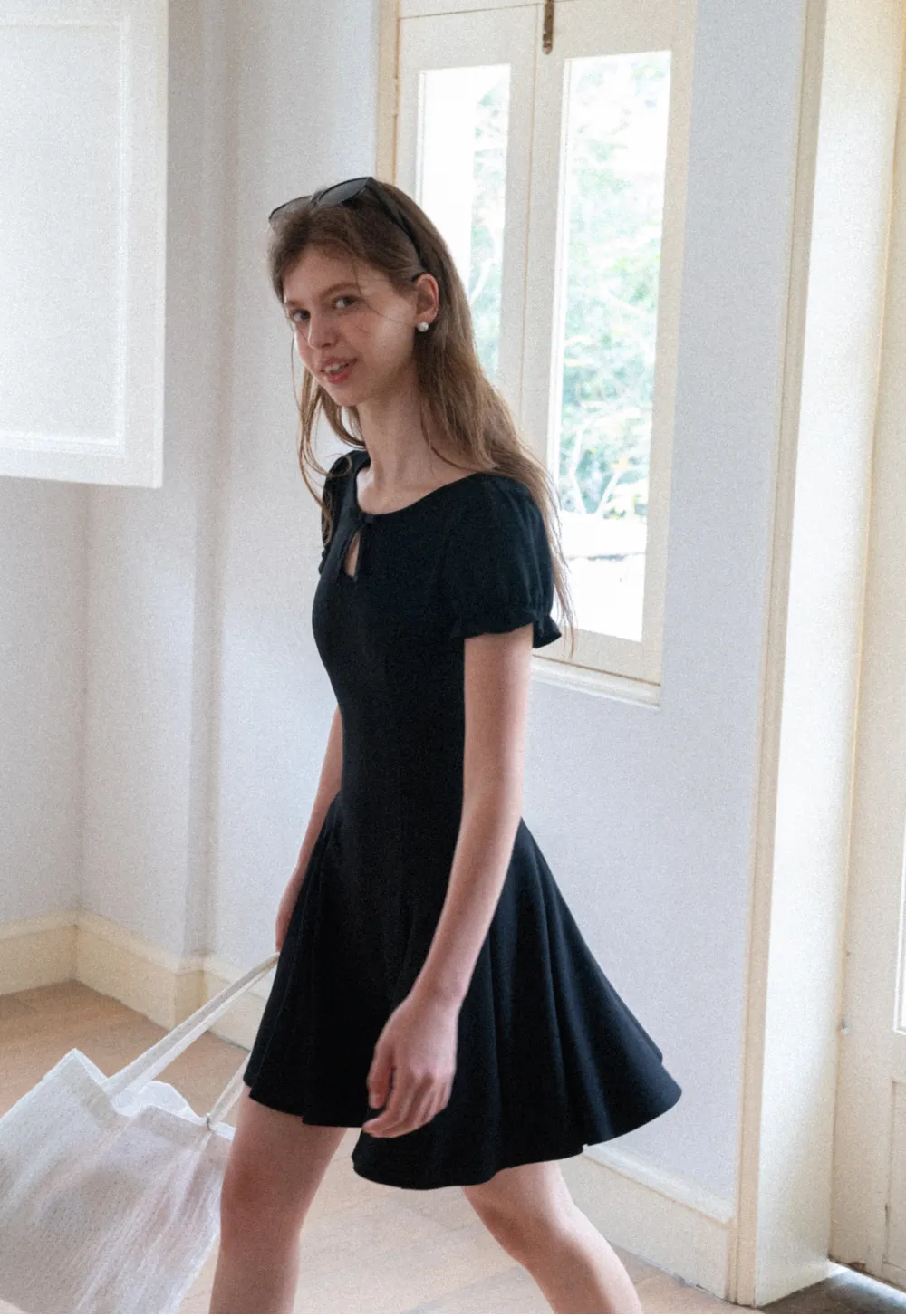 Square Neck Keyhole Puff Sleeve A Line Dress