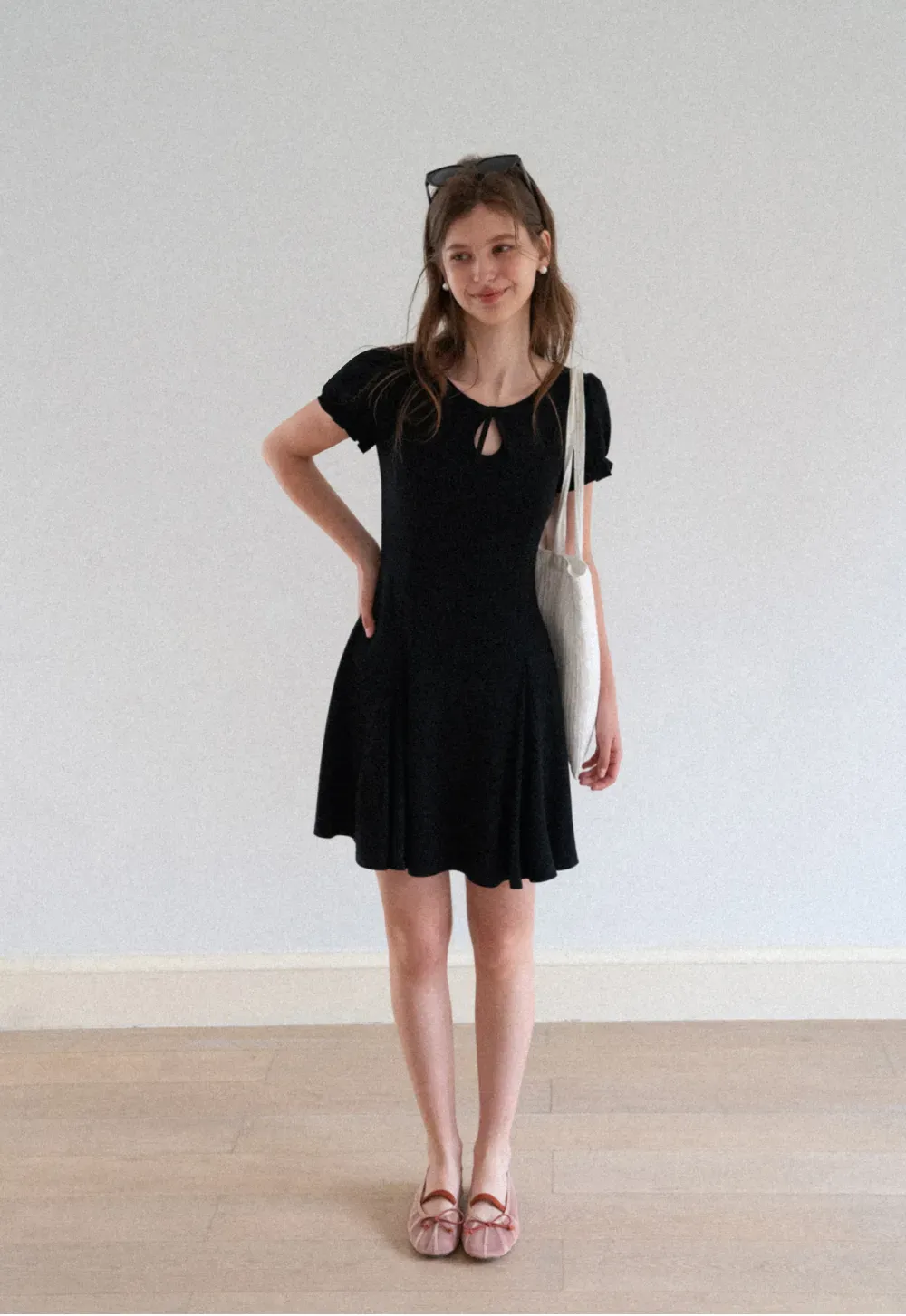 Square Neck Keyhole Puff Sleeve A Line Dress