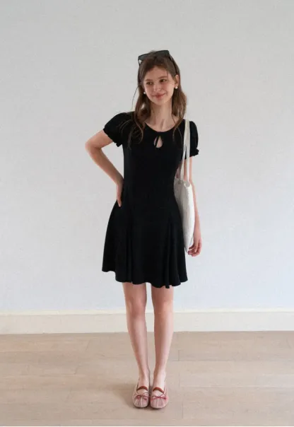 Square Neck Keyhole Puff Sleeve A Line Dress