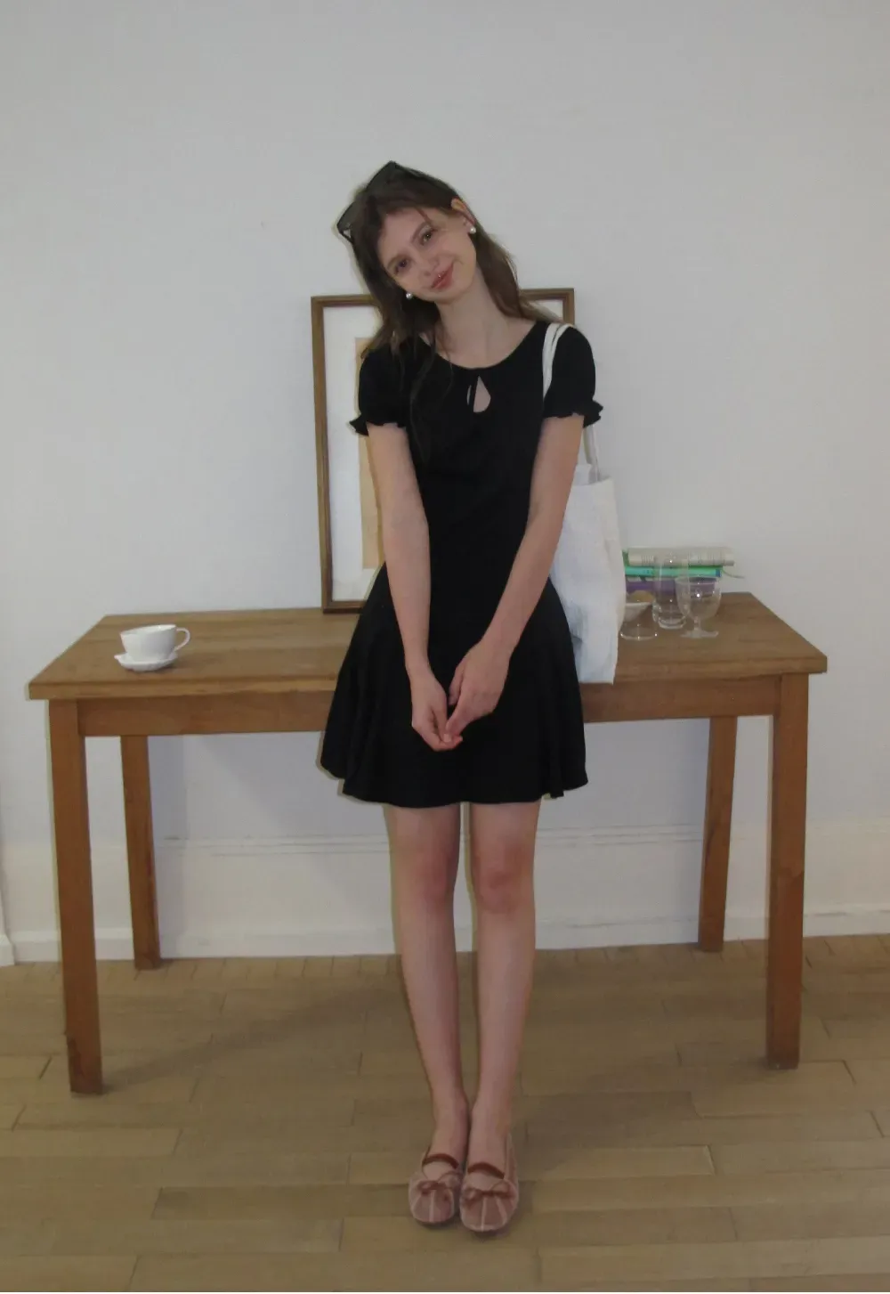 Square Neck Keyhole Puff Sleeve A Line Dress