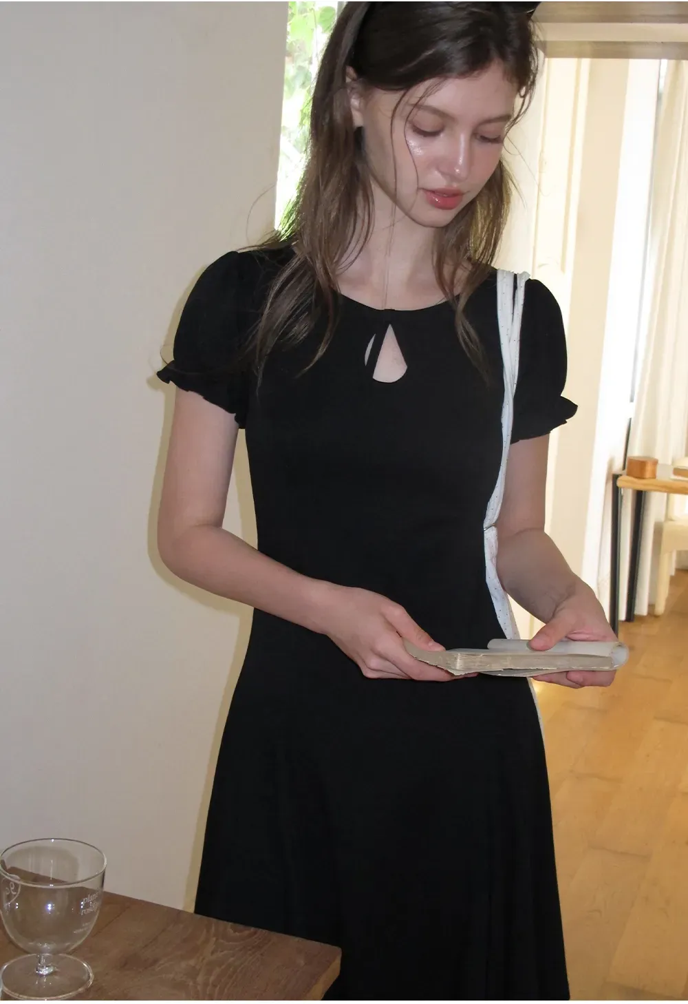 Square Neck Keyhole Puff Sleeve A Line Dress