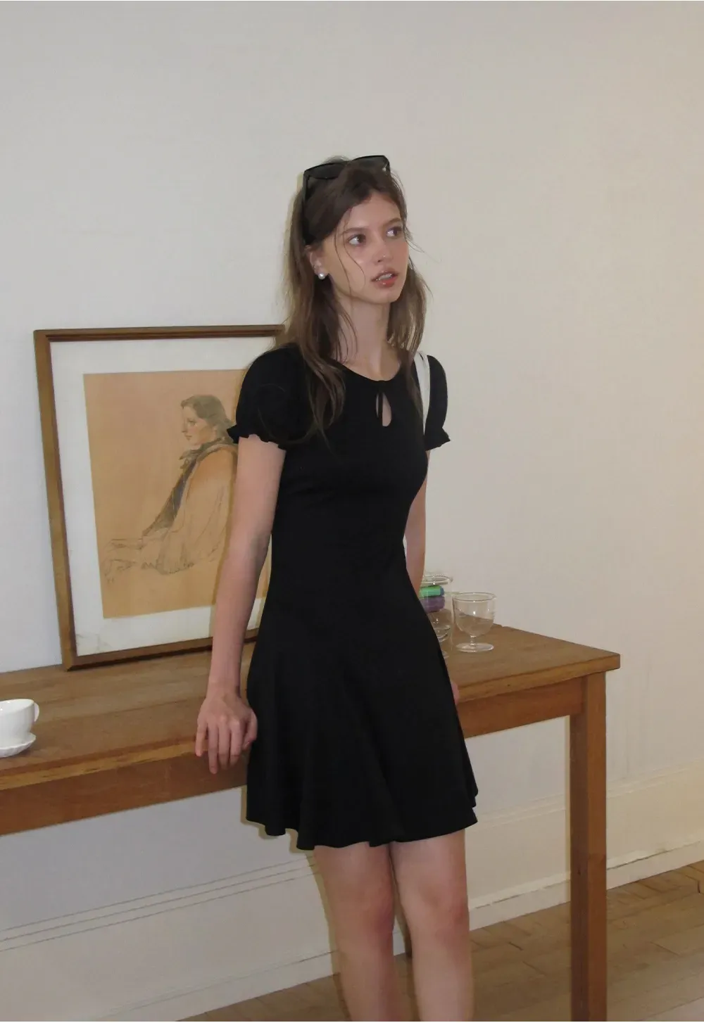 Square Neck Keyhole Puff Sleeve A Line Dress