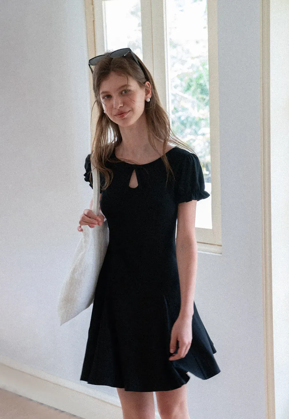 Square Neck Keyhole Puff Sleeve A Line Dress