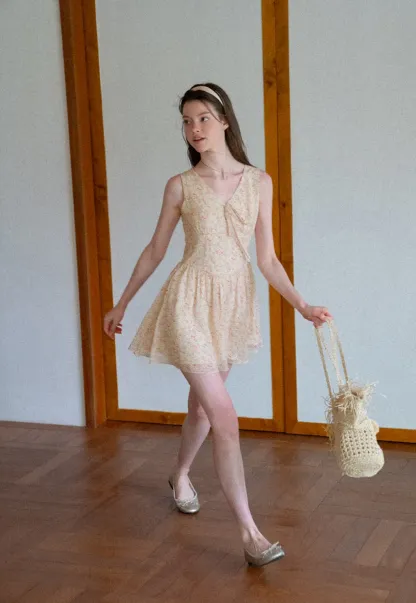 V Neck Sleeveless Floral Print A Line Dress