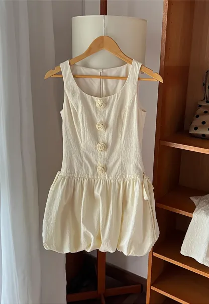 Button Front Square Neck Puff Sleeve Dress