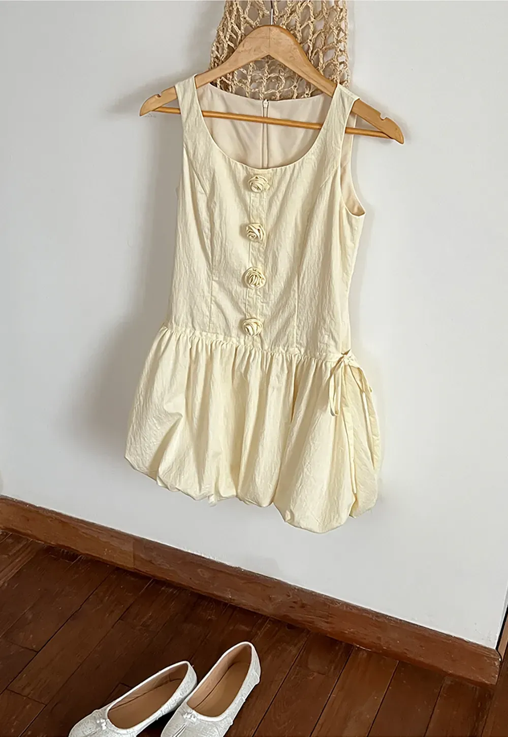 Button Front Square Neck Puff Sleeve Dress