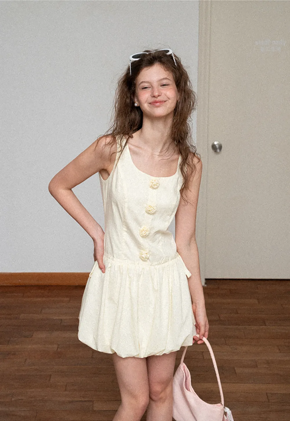 Button Front Square Neck Puff Sleeve Dress