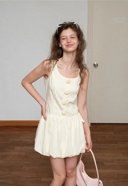 Button Front Square Neck Puff Sleeve Dress
