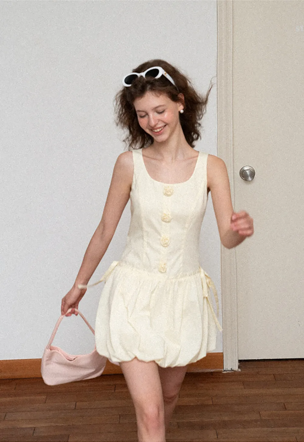 Button Front Square Neck Puff Sleeve Dress