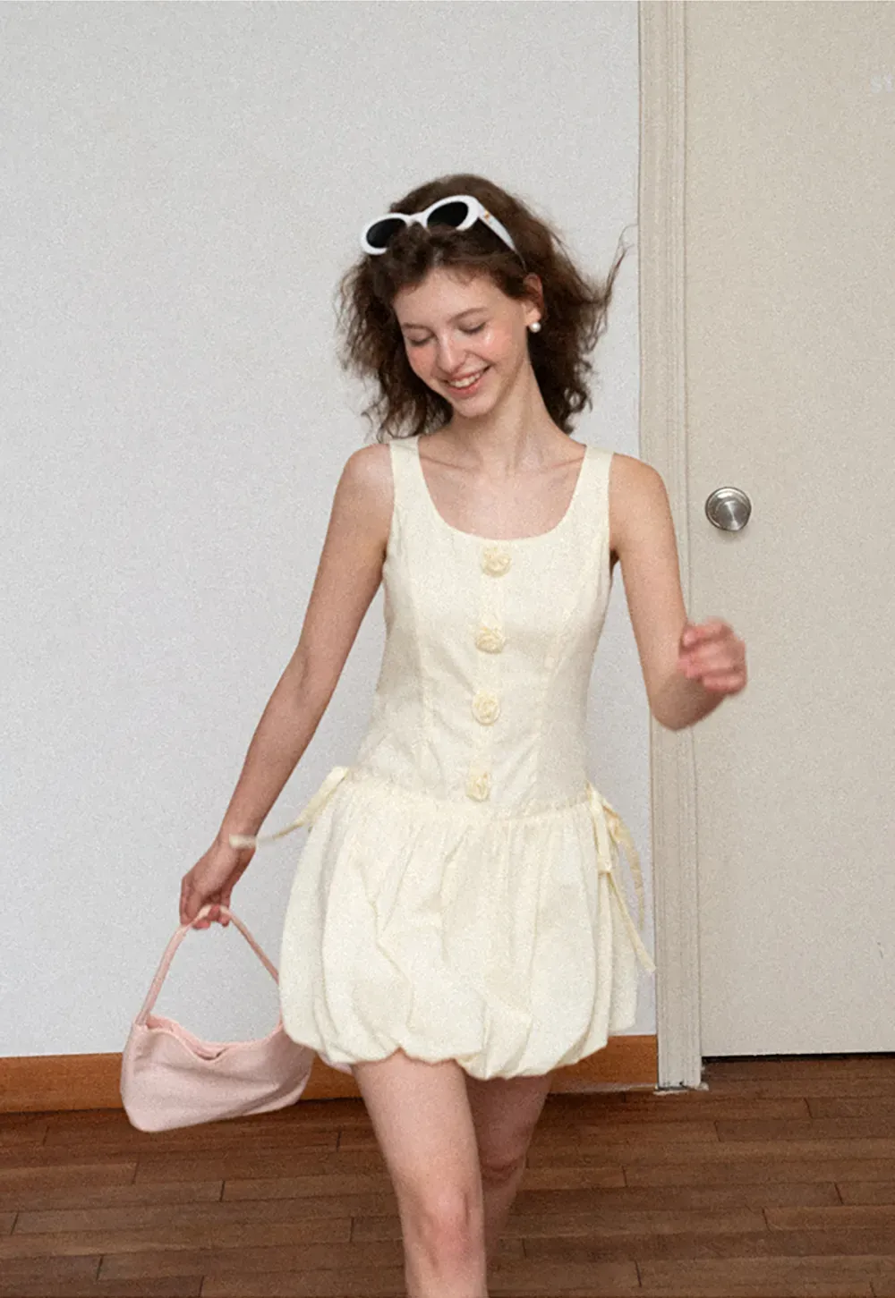 Button Front Square Neck Puff Sleeve Dress