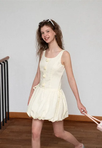 Button Front Square Neck Puff Sleeve Dress