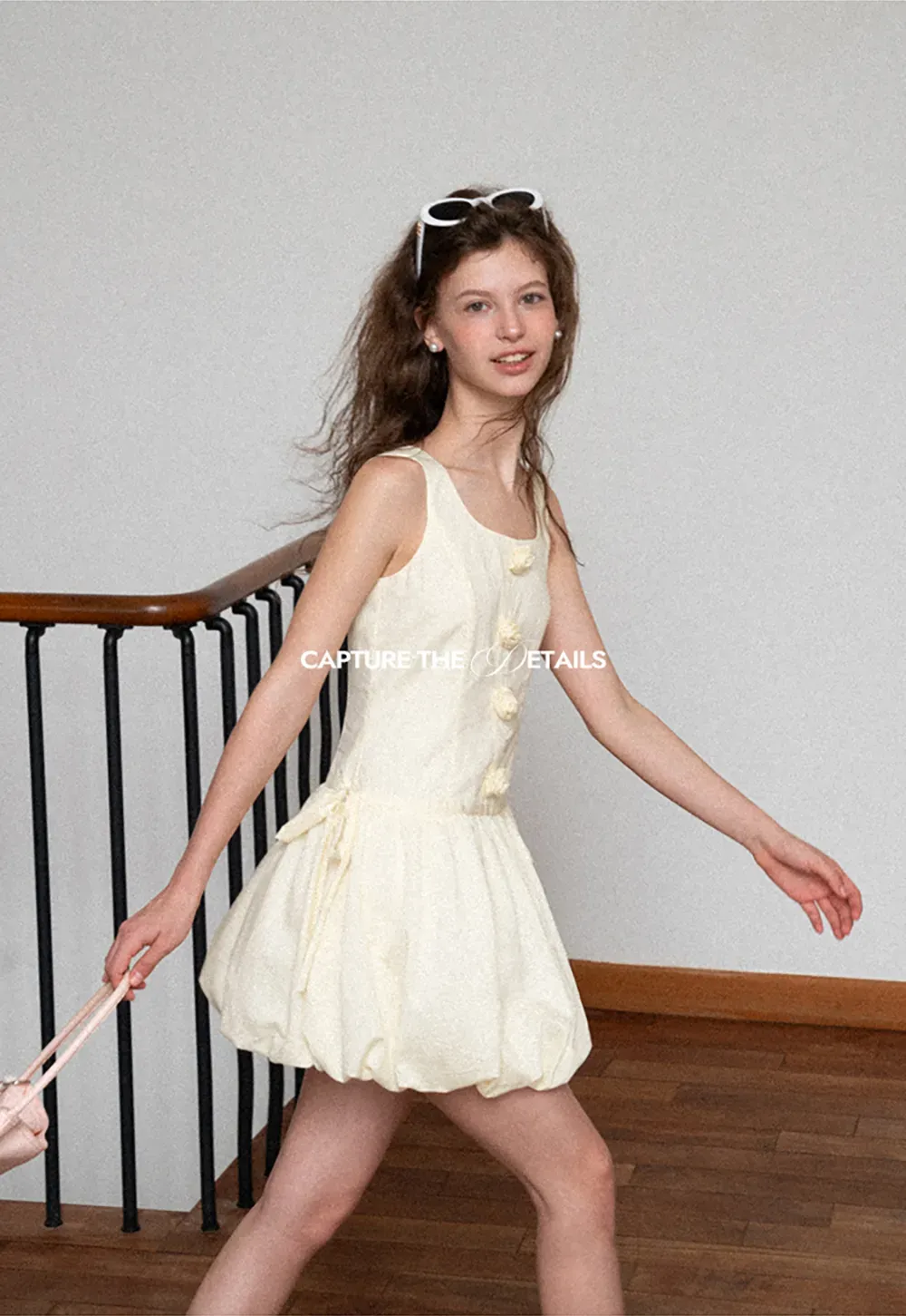 Button Front Square Neck Puff Sleeve Dress