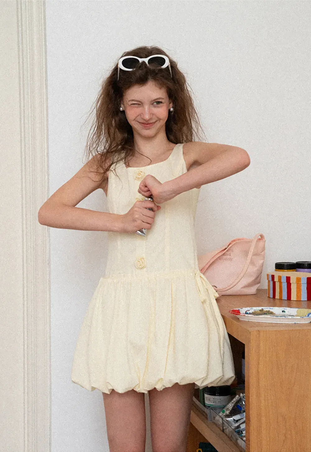 Button Front Square Neck Puff Sleeve Dress