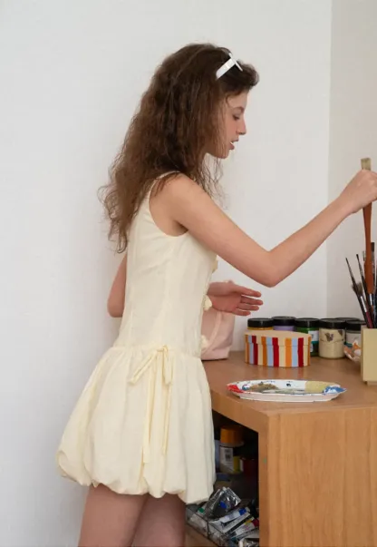 Button Front Square Neck Puff Sleeve Dress