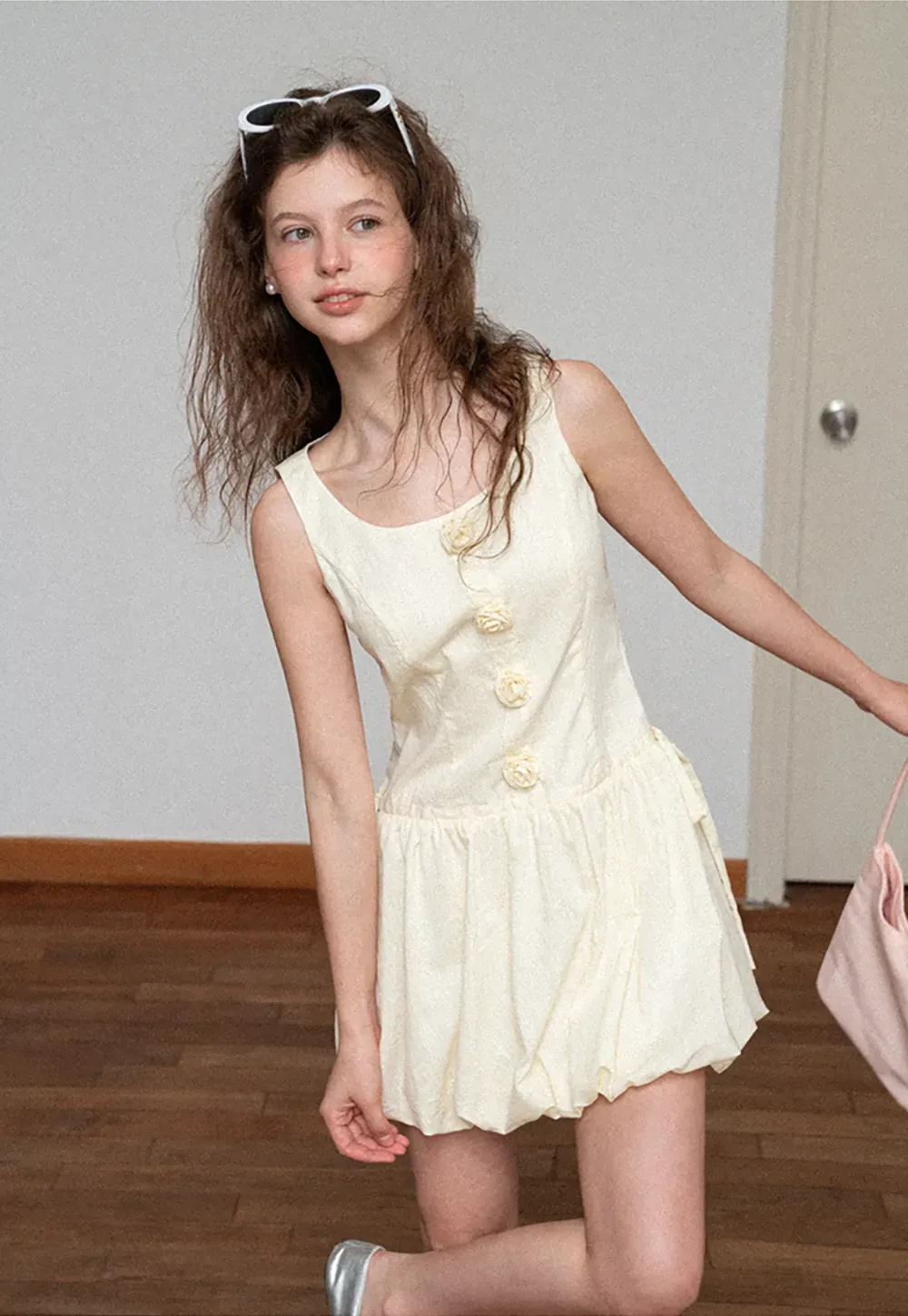 Button Front Square Neck Puff Sleeve Dress