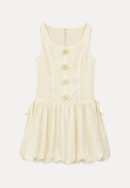 Button Front Square Neck Puff Sleeve Dress