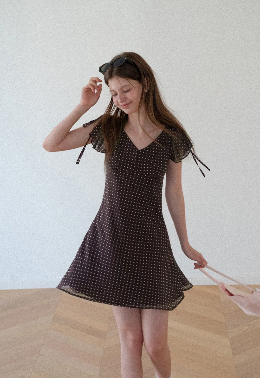 Polka Dot V Neck Tie Sleeve A Line Dress