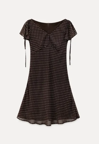Polka Dot V Neck Tie Sleeve A Line Dress