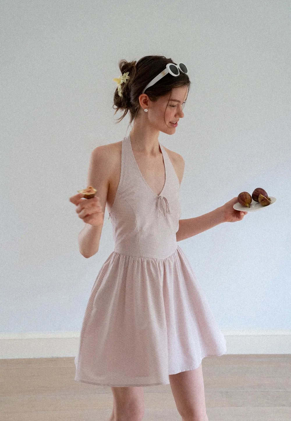 Gingham Check Halter Neck Drawstring Dress
