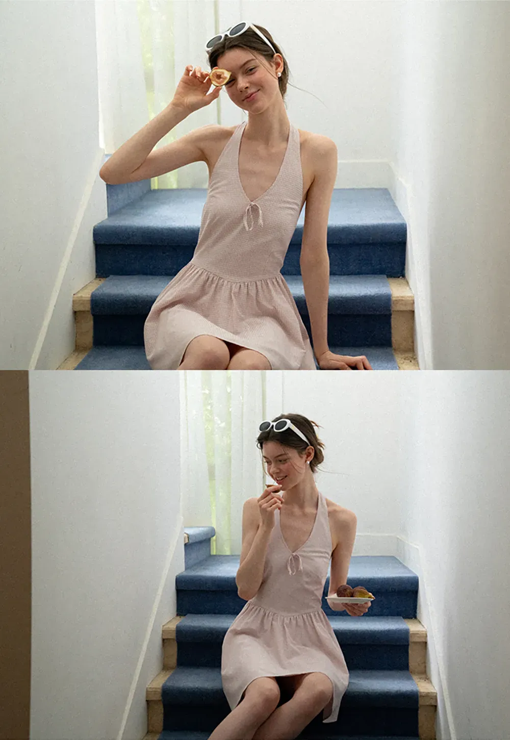 Gingham Check Halter Neck Drawstring Dress