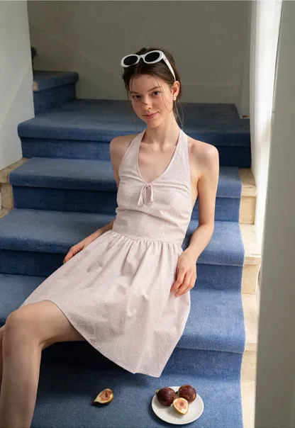 Gingham Check Halter Neck Drawstring Dress