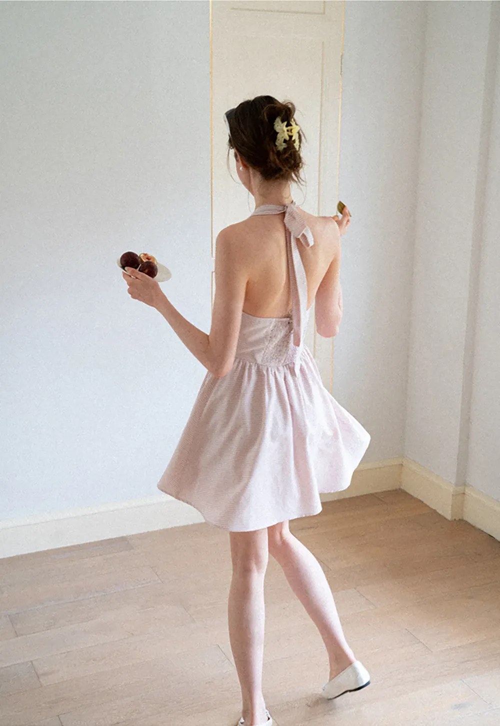 Gingham Check Halter Neck Drawstring Dress