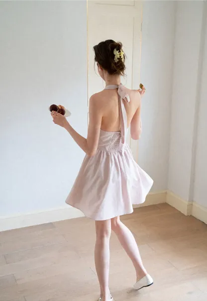 Gingham Check Halter Neck Drawstring Dress