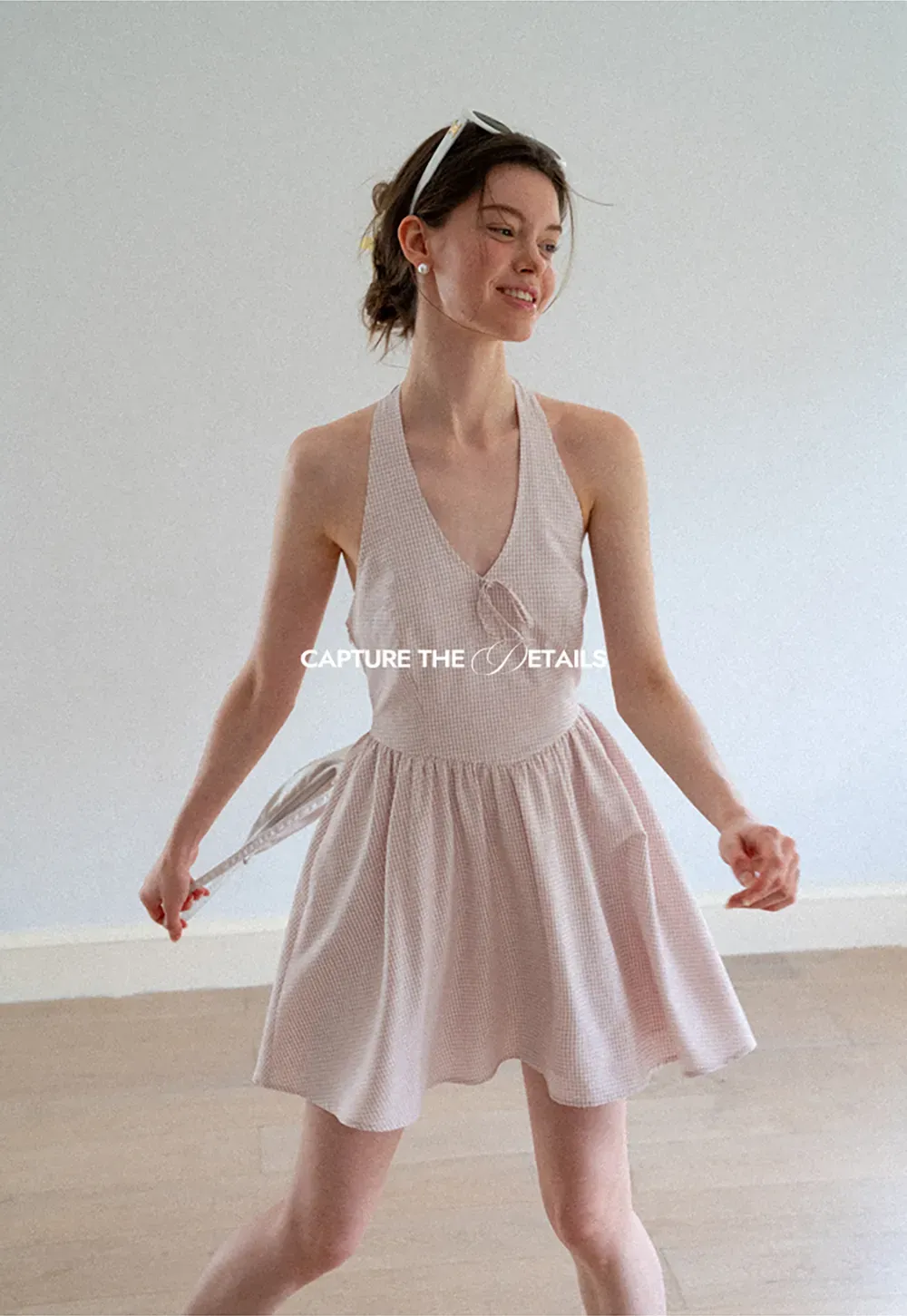 Gingham Check Halter Neck Drawstring Dress