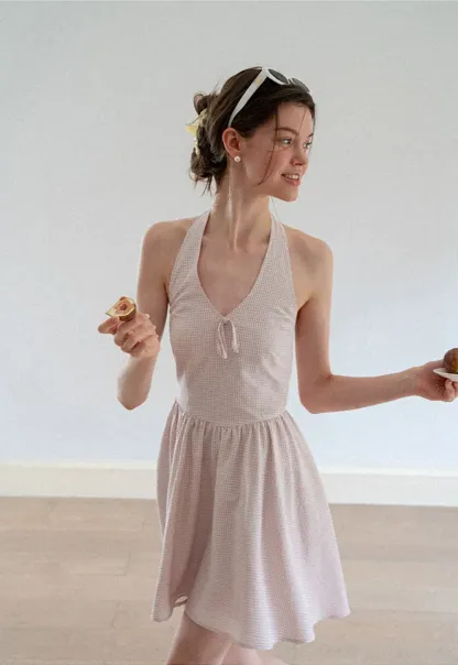 Gingham Check Halter Neck Drawstring Dress