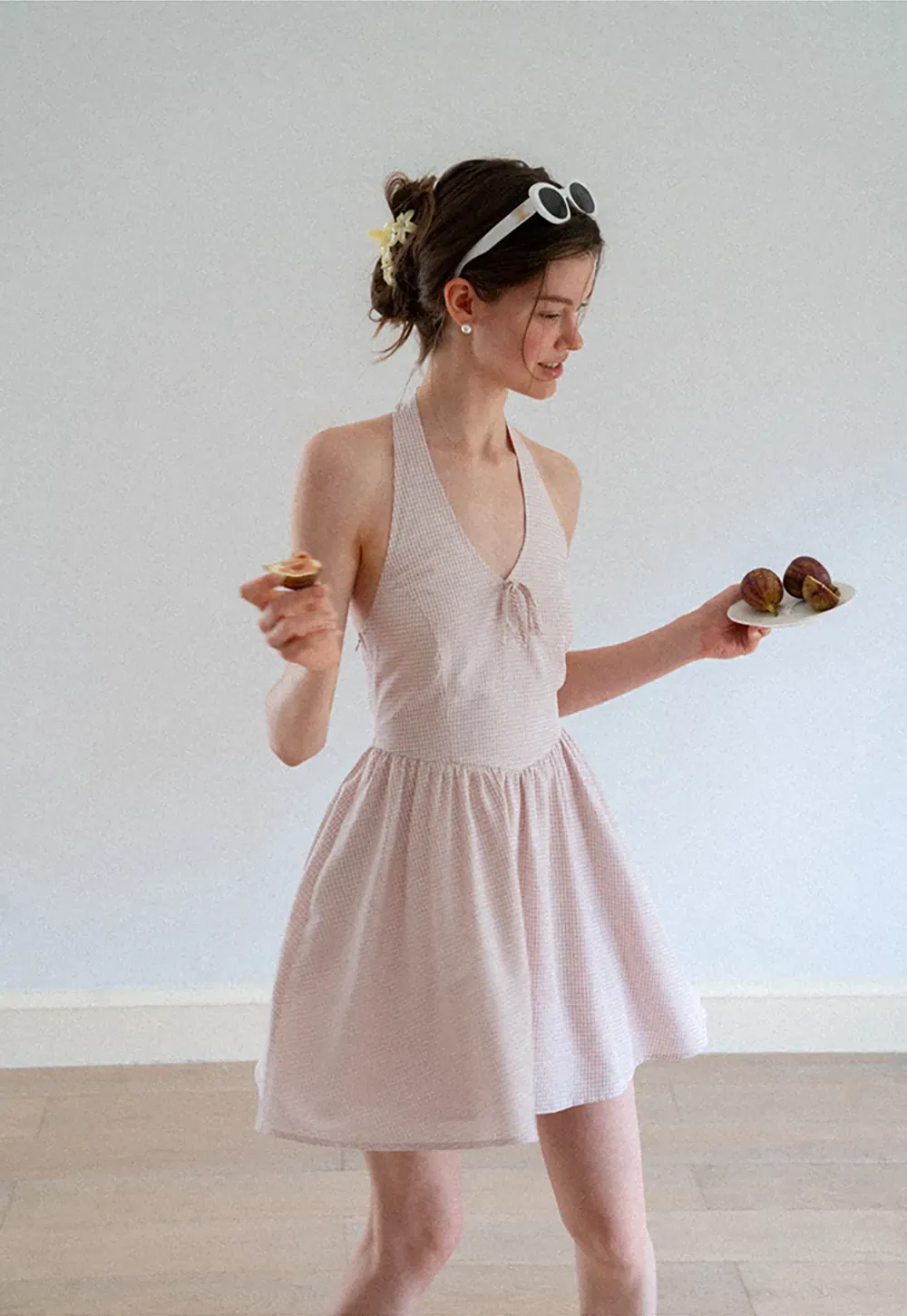 Gingham Check Halter Neck Drawstring Dress