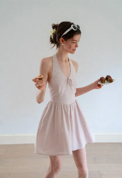 Gingham Check Halter Neck Drawstring Dress