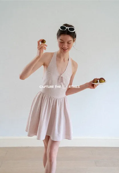 Gingham Check Halter Neck Drawstring Dress