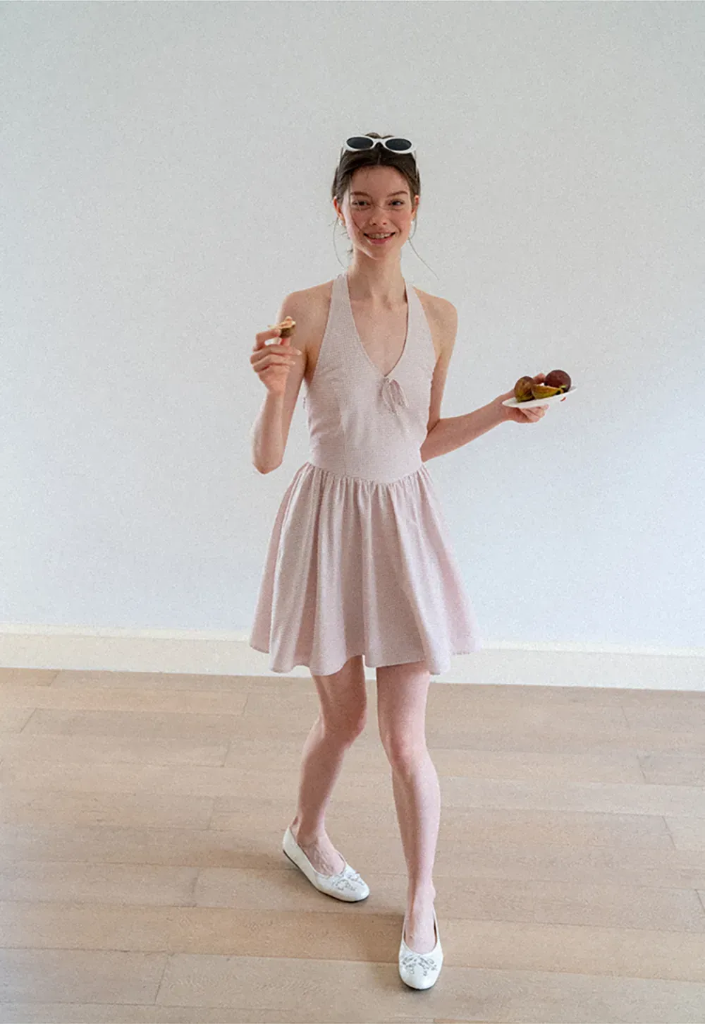 Gingham Check Halter Neck Drawstring Dress