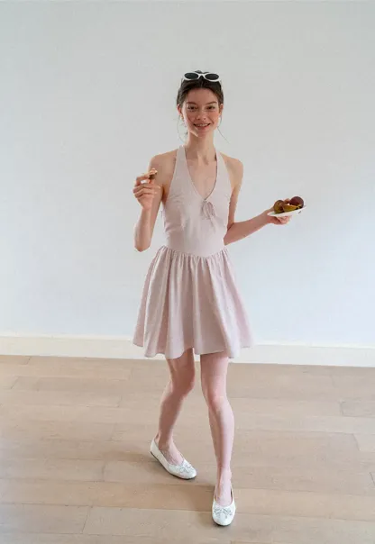 Gingham Check Halter Neck Drawstring Dress