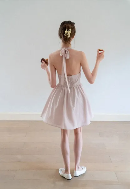 Gingham Check Halter Neck Drawstring Dress