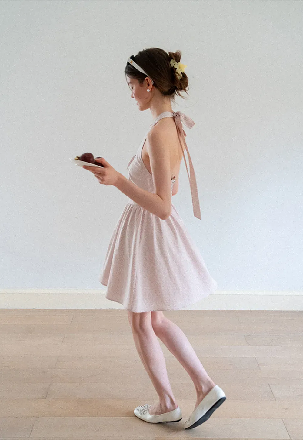 Gingham Check Halter Neck Drawstring Dress