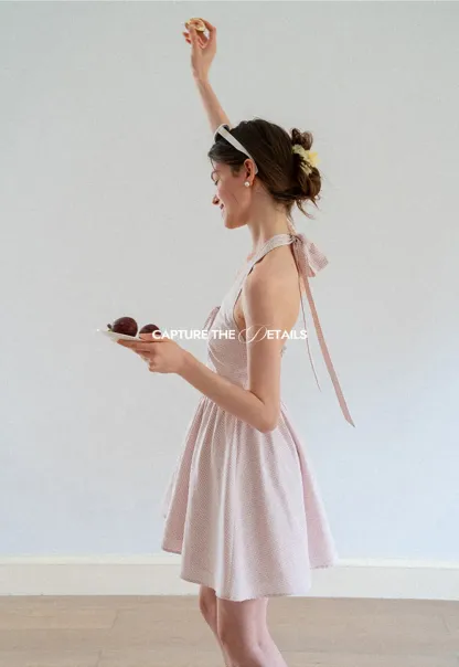 Gingham Check Halter Neck Drawstring Dress