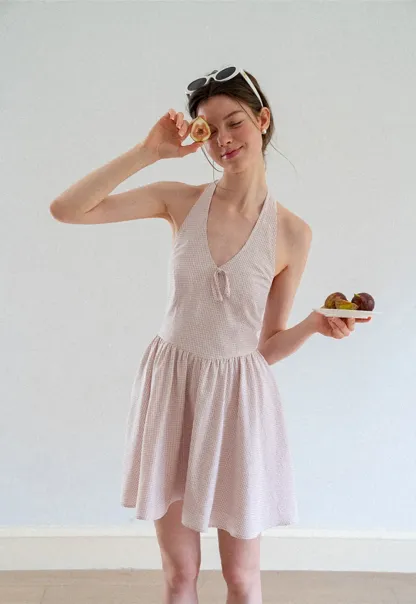 Gingham Check Halter Neck Drawstring Dress